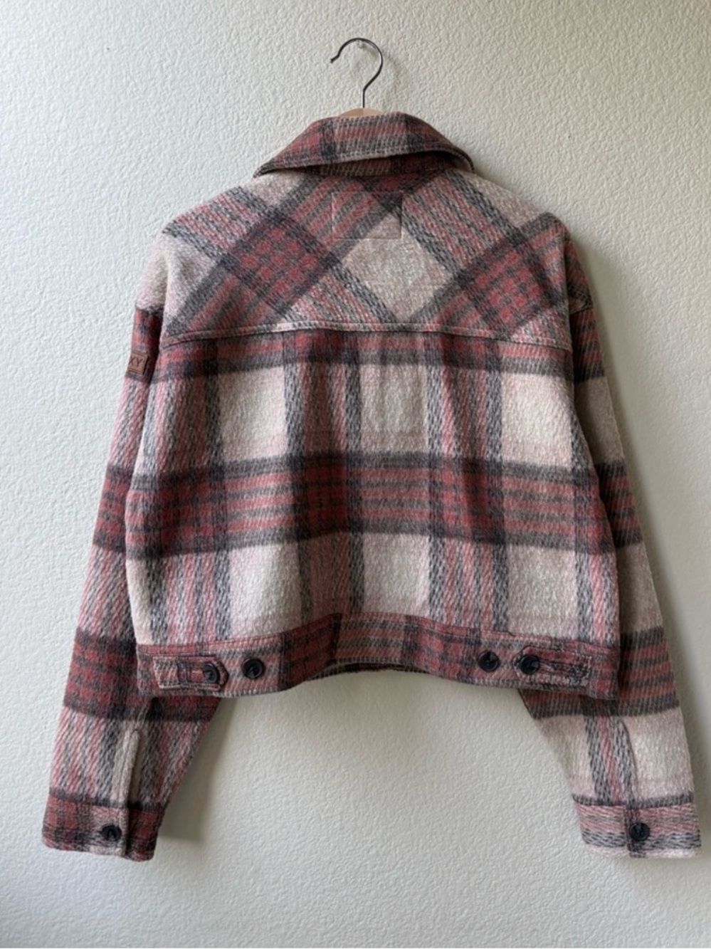 Roxy Wool Blend Red Cream Plaid Cropped Utility Jacket - Picture 10 of 13